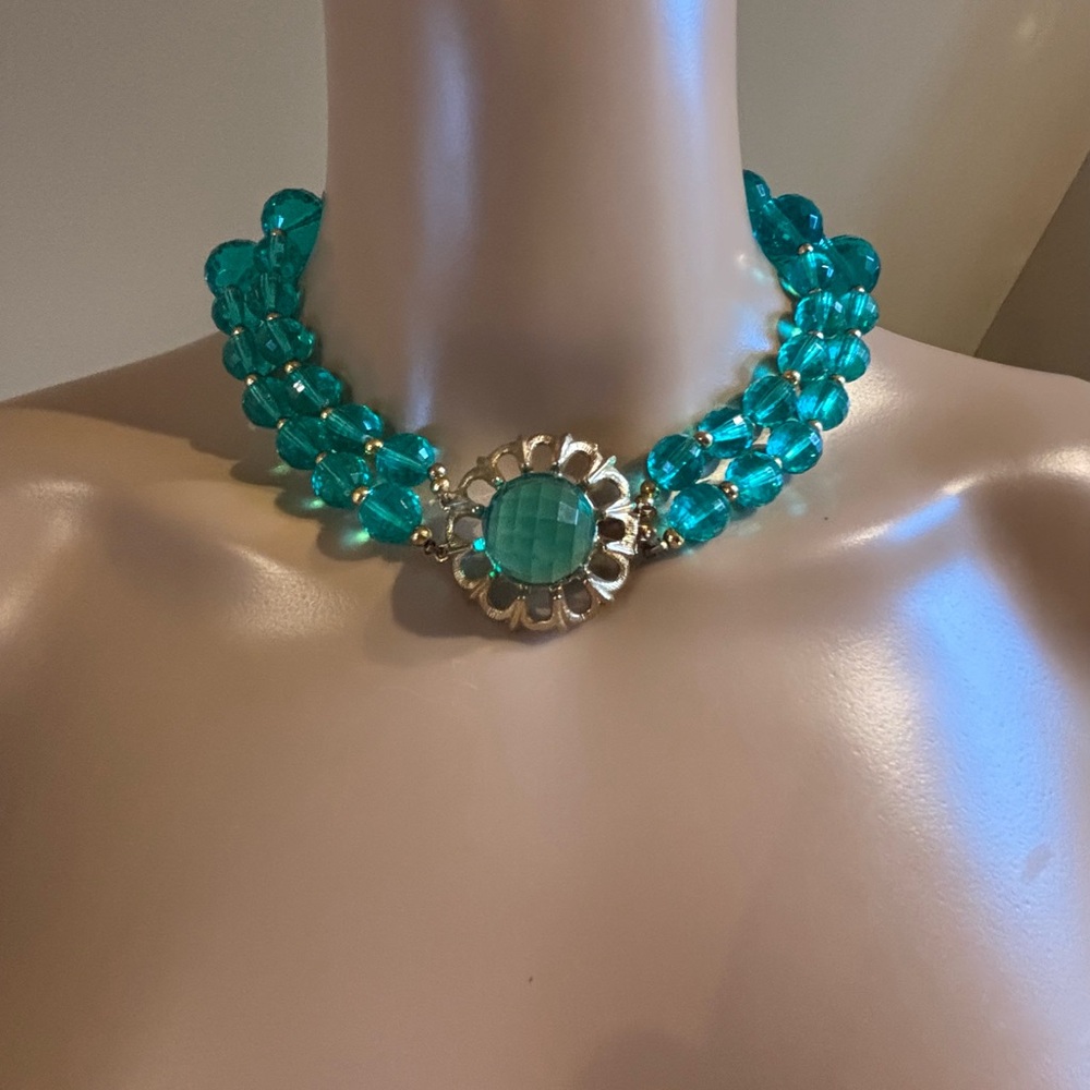 MCM 1950s Teal Faceted LUCITE Statement Necklace Ornate Filigree Classp